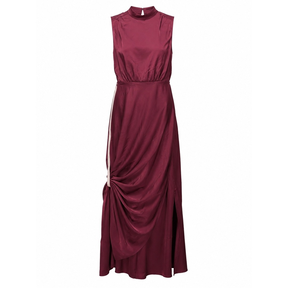 Lulus Burgundy Satin High Neck‎ Draped Maxi Dress Size XL Sleeveless Side Slit